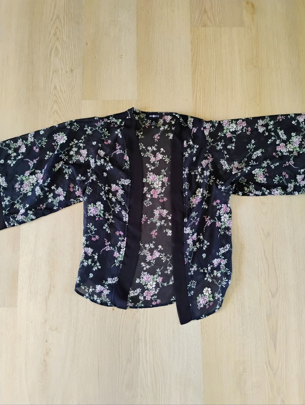 Amy Byer Black Floral Sheer Kimono Jacket